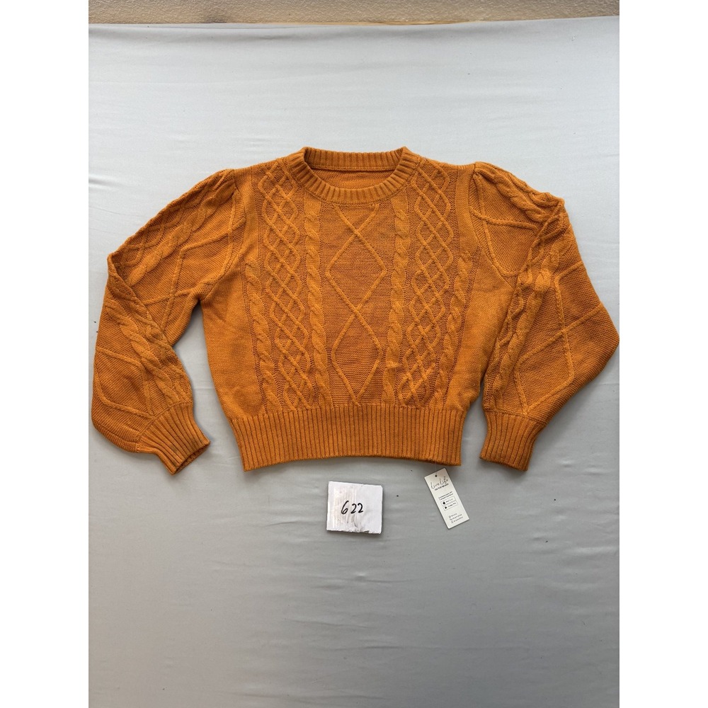Love Life Women Orange Cable Knit Sweater Puff Sleeve Crew Neck Cropped Top M